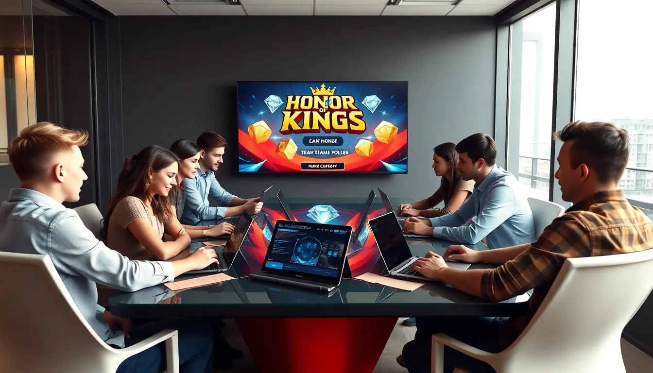 diverse team discussing Honor of Kings game strategies in a modern office.