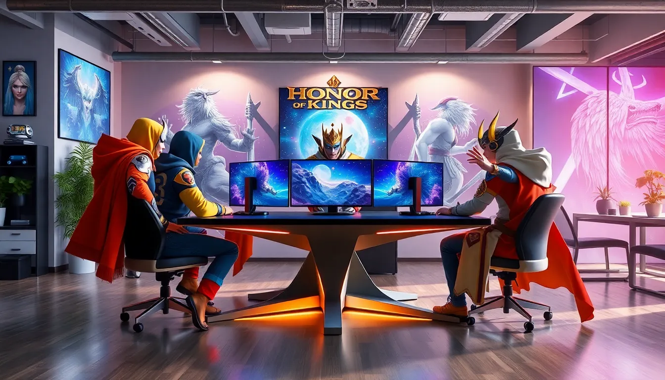 diverse heroes from Honor of Kings in a modern gaming studio.