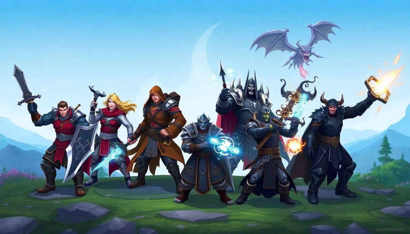 illustration of World of Warcraft Classic classes in a fantasy setting.