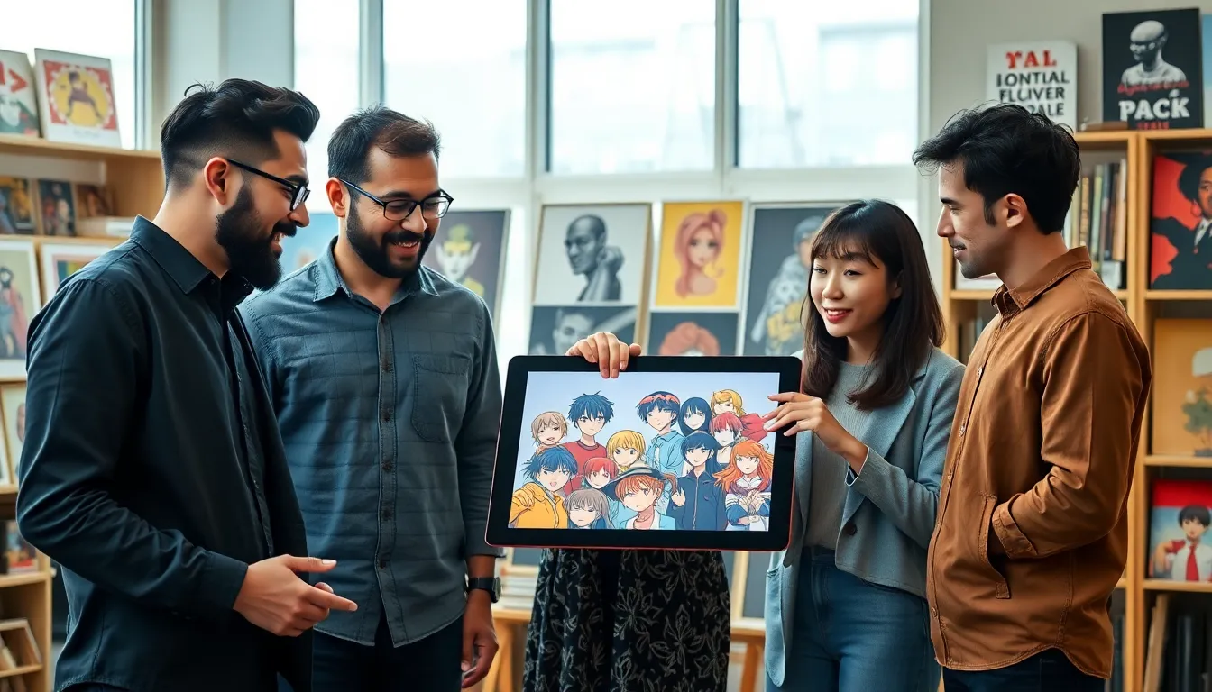 diverse artists collaborating on anime artwork in a modern studio.