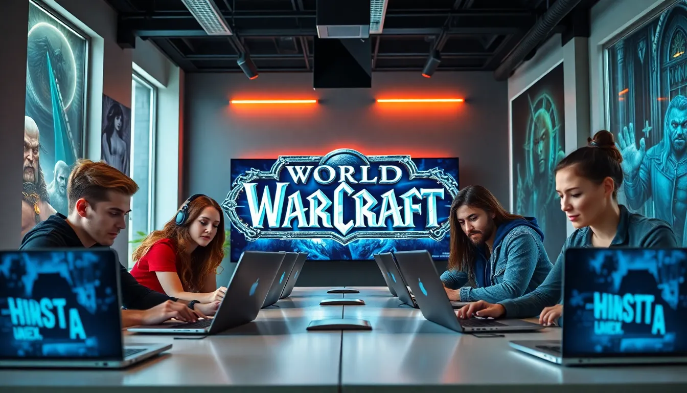 diverse team collaborating on gaming design with World of Warcraft font display.