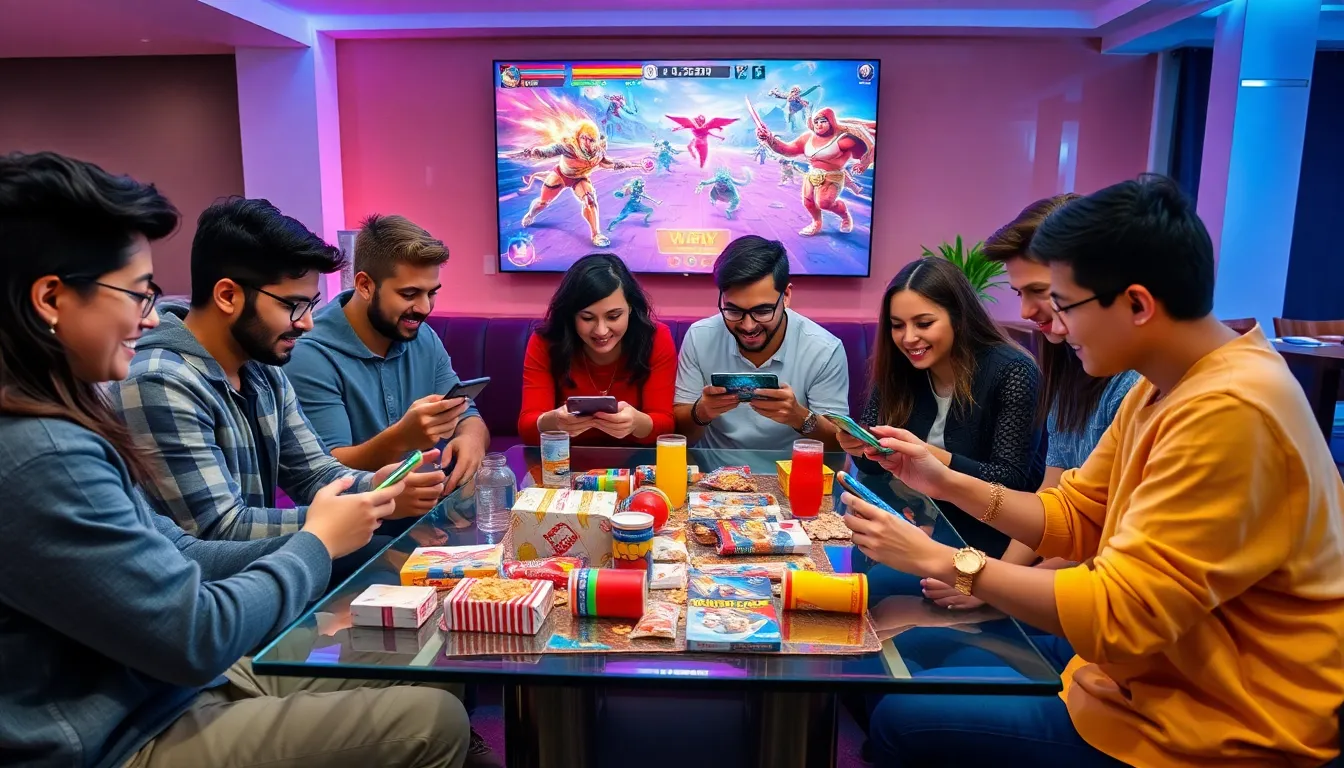 Group of diverse players engaged in a mobile gaming session.