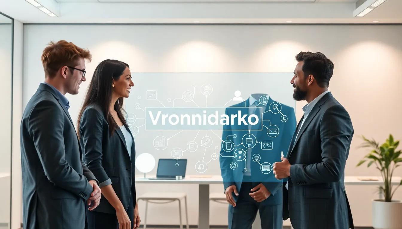 diverse professionals discussing Vronnidarko in a modern office.